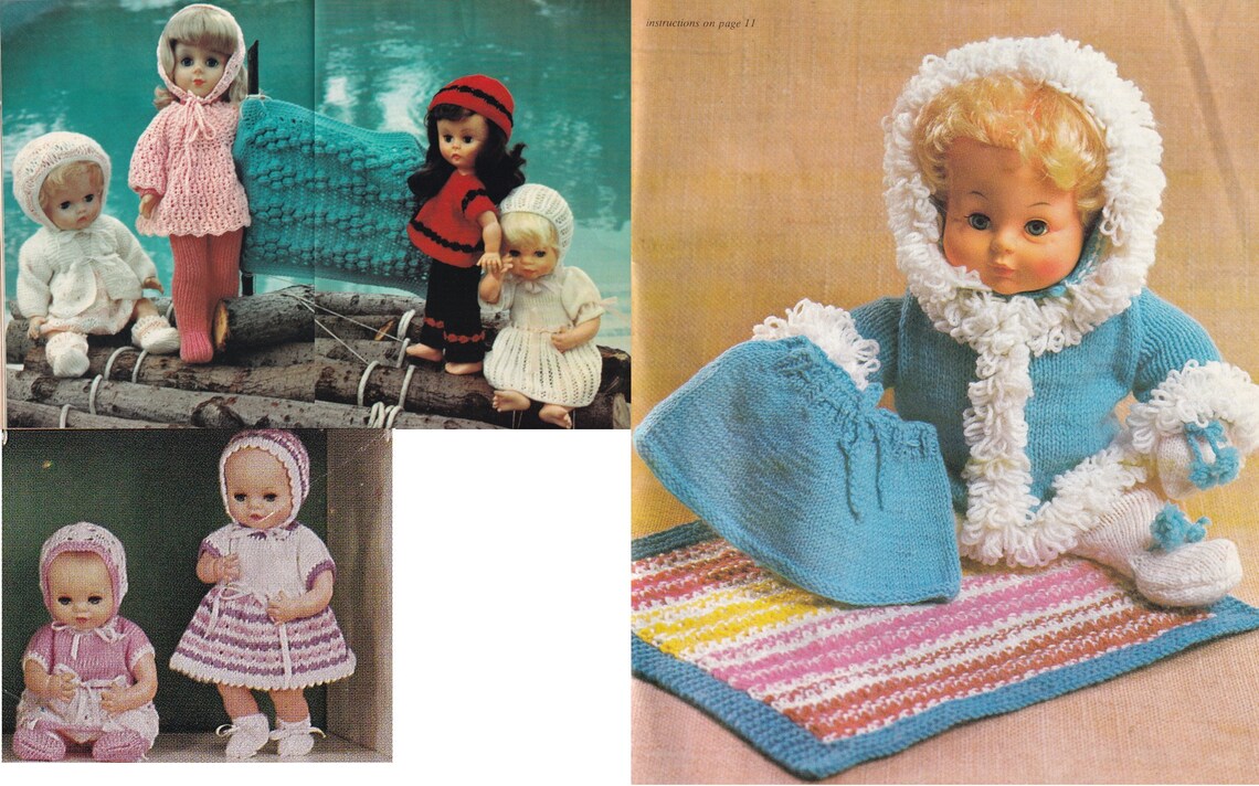 BARGAIN 3 PDF Vintage Dolls Clothes Knitting Pattern Dress Knickers Bootees Jumpsuit