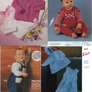 May include: A vintage knitting pattern booklet featuring four different baby knitting projects. The patterns include a pink cardigan, a red and white striped jumpsuit, a blue hooded jacket and dress set, and a blue and white dungaree set. The booklet is titled "Emu" and includes the text "Double Knitting 16-20 balls 19 to 21 inch chest sizes".
