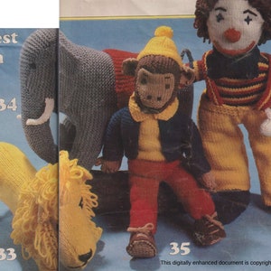 May include: Knitted toy patterns for a lion, elephant, monkey, and clown. The patterns are numbered 33, 34, 35, and 36. The toys are all wearing colorful clothing.