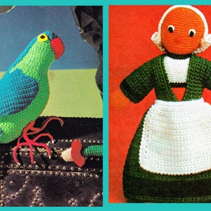 BARGAIN!! 2 x Crochet Vintage toy pattern - PDF download - parrot 18 8nches tall - Mrs Bun doll 16 inches tall - double knitting yarn