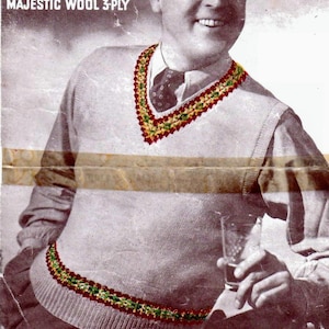Man&#39;s vintage fair-isle tanktop slipover knitting pattern - PDF download - Sirdar 1169 - size 39 to 41 inch chest - 3 ply yarn - sleeveless