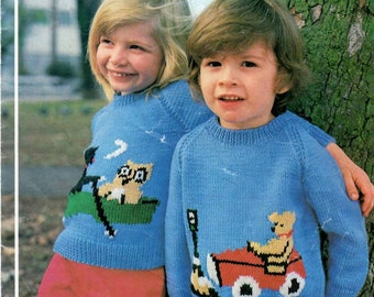 Patrón de tejido de suéter vintage para niños -Descarga PDF - Jarol 381 - tamaños 20 a 26 pulgadas de pecho - oso en auto - búho y gato en bote - jersey