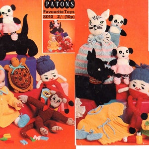 May include: A vintage knitting pattern booklet featuring a variety of knitted toys, including a doll, a monkey, a turtle, a cat, and a dog. The booklet cover is orange with the text "PATONS Favourite Toys 8010 2/-(10p)"