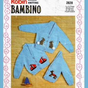 Op de afbeelding: Een breipatroon voor een babytrui met een konijn, zeilboot en paard ontwerp. Het patroon heet "Robin Bambino" en is voor maten 20-23 inch (51-58 cm).