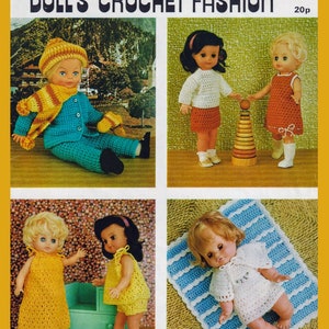 May include: Four crochet doll outfits, including a yellow dress, a white dress, a red dress, and a blue and yellow outfit. The outfits are shown on dolls with blonde and brown hair. The image also includes the text "Hayfield Doll's Crochet Fashion" and "H/25 20p".