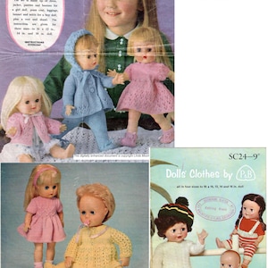 BARGAIN! 3 PDF Vintage Dolls clothes knitting patterns kilt dungarees dress leggings jacket shawl coat pram set baby bootees bonnet hat