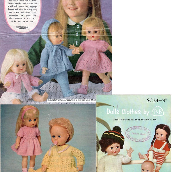 SCHNÄPPCHEN! 3 PDF Vintage Puppen Kleidung Strickanleitungen Kilt Latzhose Kleid Leggings Jacke Schal Mantel Kinderwagen Set Baby Schühchen Mütze Mütze