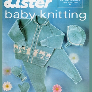 May include: A baby knitting pattern for a blue cardigan, trousers, hat, and mittens. The pattern is called "Lister baby knitting" and the pattern number is N2335. The pattern is for a 61 cm chest.