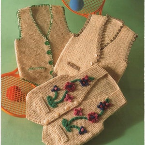 PDF knitting pattern download - Peter Gregory 735 - children's waistcoats - aran yarn - sizes 24 to 30 inch chest - sleeveless jacket