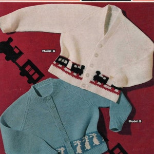 Childrens vintage cardigan knitting pattern - steam train or rabbit designs - PDF download - v or round neck - Sirdar 308 - age 2 to 3 years