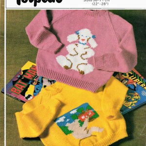 Children's Vintage sweater knitting pattern - PDF download - poodle bear motif - raglan sleeves button back - sizes 22 to 28 inch chest