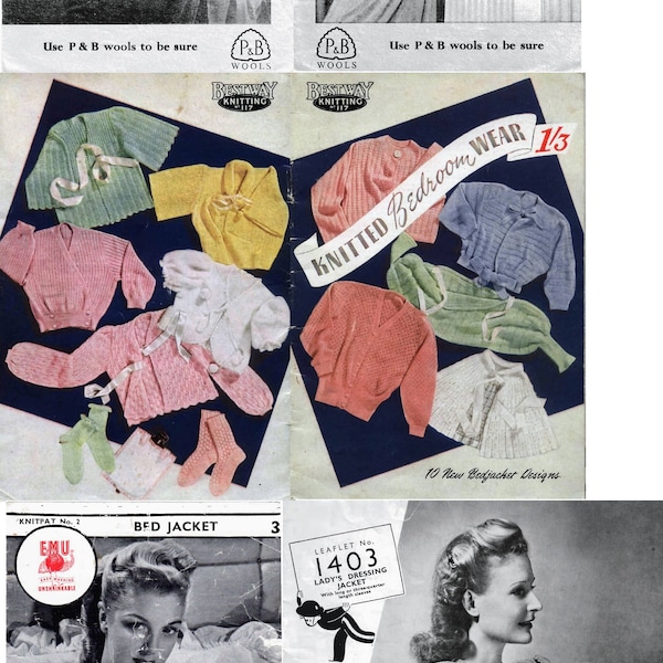 BARGAIN!! 4 Vintage Lady's Bed Jacket knitting patterns - PDF download - Knitpat 2 Bestway 117 Copley 1403 PandB 863 cardigan shawl wrap