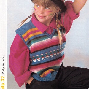 Children&#39;s Peruvian tanktop slipover sleeveless sweater - PDF download - 26 to 32 inch chest - fairisle motif - 4 ply - v neck - nordic