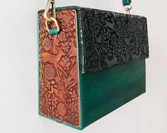Handmade Teak Wood & Leather Crossbody Clutch: Boho Strap Bag