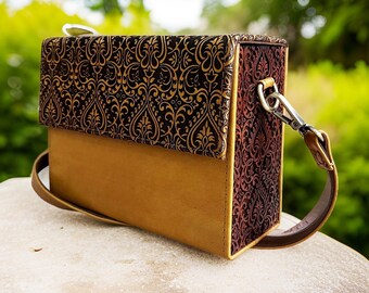 Handmade Leather Crossbody Clutch: Teak Wood Accent, Boho Strap