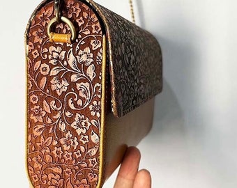 Handmade Teak & Leather Crossbody Clutch: Floral Engraved Elegant Bag