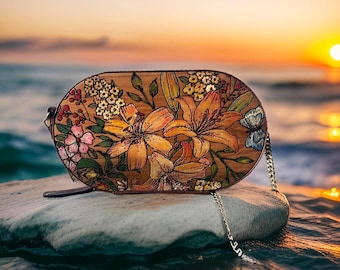 Hand-Painted Wood Purse: Leather Crossbody Bag with Metal Chain