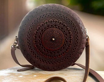 Handmade Round Shape Wood and Leather With Zipper Bag, Round Handmade Round Shape Wood and Leather With Zipper Bag, Round