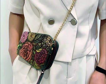 Hand-Painted Floral Leather Clutch Bag with Metal Strap