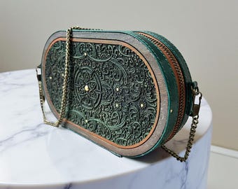 Hand-Painted Wood & Leather Crossbody Bag: Teak, Metal Chain Strap