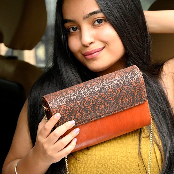 Handmade Designer Crossbody Clutch Leather Elegant Bags With Boho Strap For Women, Multiple Slots for Cards, Smartphone | Made In India