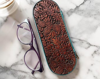 Carved Wood Eyeglass Case: Handmade Leather Glasses Holder