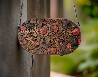 Hand-Painted Wood Purse: Leather Crossbody Clutch with Metal Chain