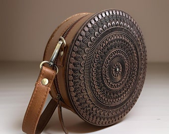 Handmade Carved Wood Crossbody Bag: Round Leather Strap Shoulder Bag