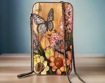 Hand-Painted Wood Purse: Leather Crossbody Bag with Metal Chain