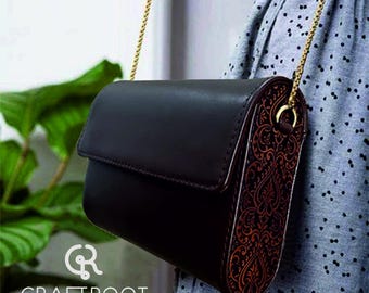 Carved Wood & Leather Crossbody Bag: Handmade Teak Clutch