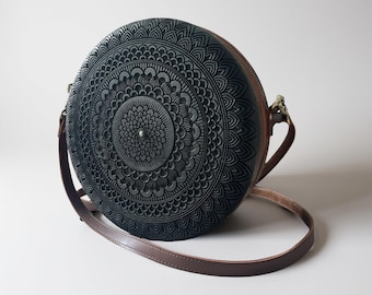 Handmade Round Mango Wood Crossbody Bag: Leather Strap, Suede Lined