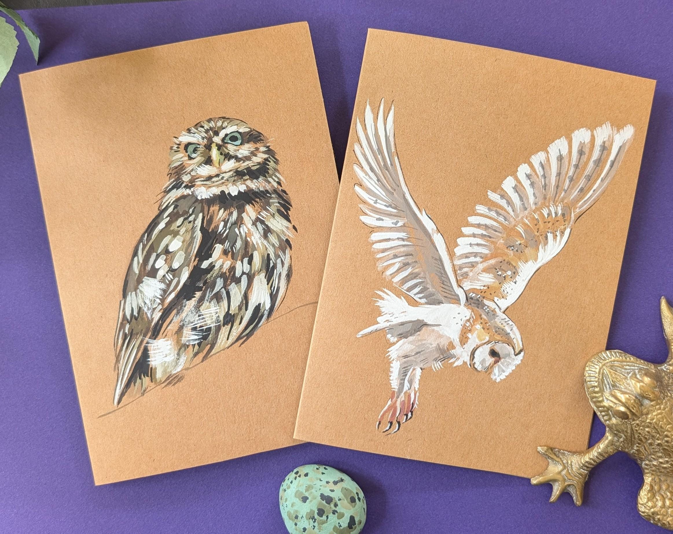Hand-Painted cards - Barn Owl and Little Owl.