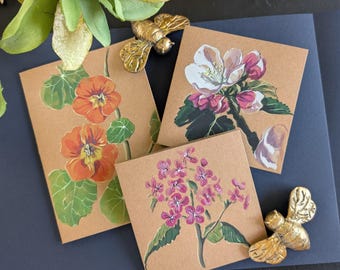Hand painted Nasturtium, Apple Blossom and Honesty cards. Original gouache Spring flower illustrations.
