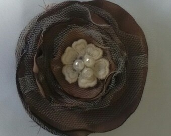 Brown wedding flower textile brooch