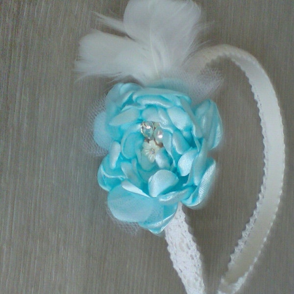 Diadème fleur satin bleue turquoise fille mariage demoiselle d'honneur