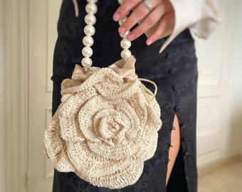 Handmade Rose crochet handbag with pearls