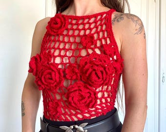 Crochet Statement Top Pattern – 3D Floral Appliqués – Small & Large Flowers – DIY Crochet PDF Tutorial – Summer / Party Top xs to xxl sizes