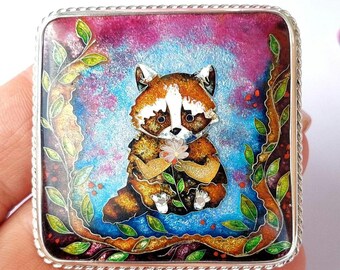 Raccoon pendant art jewelry – Cloisonne enamel Unique Raccoon lover gift