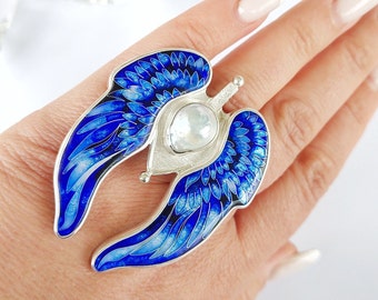 Enamel ring Angel wings silver cool gothic protection ring Angel jewelry blue Angel wings