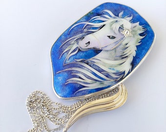 Gift for horse lover equestrian jewelry cowgirl necklace, Cloisonne enamel hobby horse