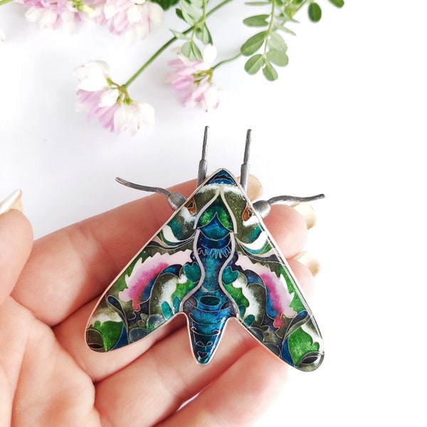 Unique Handcrafted Silver Oleander Hawk-moth Pendant Brooch with Cloisonné Enamel - Limited Edition