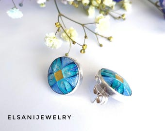 Stud Light blue earrings Cloisonne Enamel jewelry