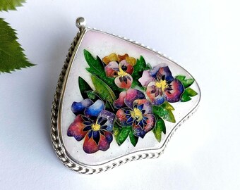 Pansy Flower Pendant – Cloisonne Enamel Necklace – Purple Floral Jewelry – Handmade Sterling Silver Art – Spring Gift for Her
