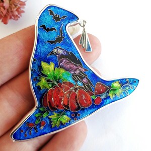 Raven and Bats pendant Halloween necklace Witch Hat, Collectors Item, Gothic Jewelry Lovers fantasy fashion, Pendant with Pumpkin