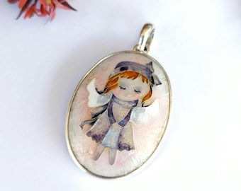 Guardian Angel Cloisonne Pendant – Handmade Enamel Angel Necklace in Sterling Silver – Cute Gift for Protection and Love – Spiritual Jewelry
