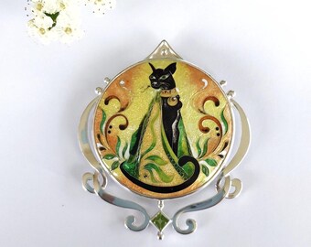 Art Nouveau Black Cat Necklace Pendant Egyptian cat jewelry Cloisonne Enamel Jewelry with Peridot