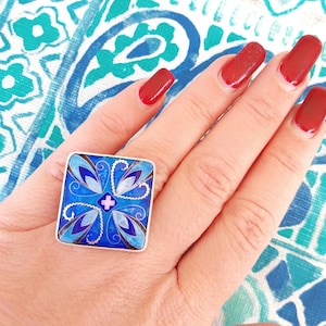 Blue Cloisonne Enamel Ring - September ring- Adjustable artisan art something blue costume jewelry