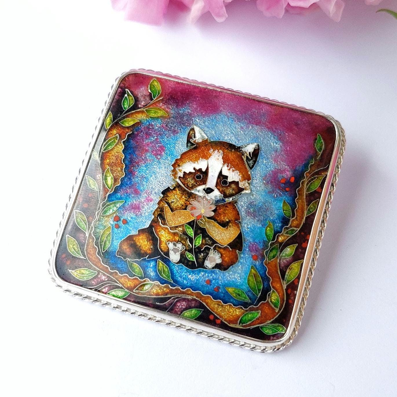 Cute Raccoon Cloisonne enamel art jewelry – Silver Whimsical Animal Necklace  – Unique Raccoon lover gift