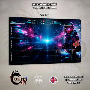 Puede incluir: Una alfombrilla de juego compatible con Android Netrunner de 61 cm x 36 cm. La alfombrilla presenta un diseño futurista con una mujer de estilo cyberpunk y el texto "Programs", "Hardware" y "Resources". La alfombrilla es de neopreno de 3 mm.