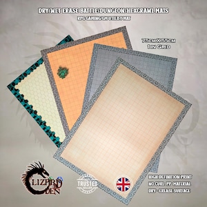 Puede incluir: Un conjunto de tapetes de batalla/mazmorra/hexágono borrables en seco/húmedo para juegos de rol. Los tapetes presentan un patrón de cuadrícula y bordes decorativos. Dimensiones: 75 cm x 55 cm. Impresión de alta definición, material PP sin rizos y superficie borrable en seco.